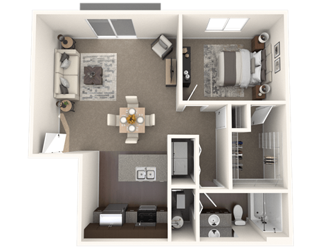 Floor plan for 1 bed, 1 bath, 781 sqft